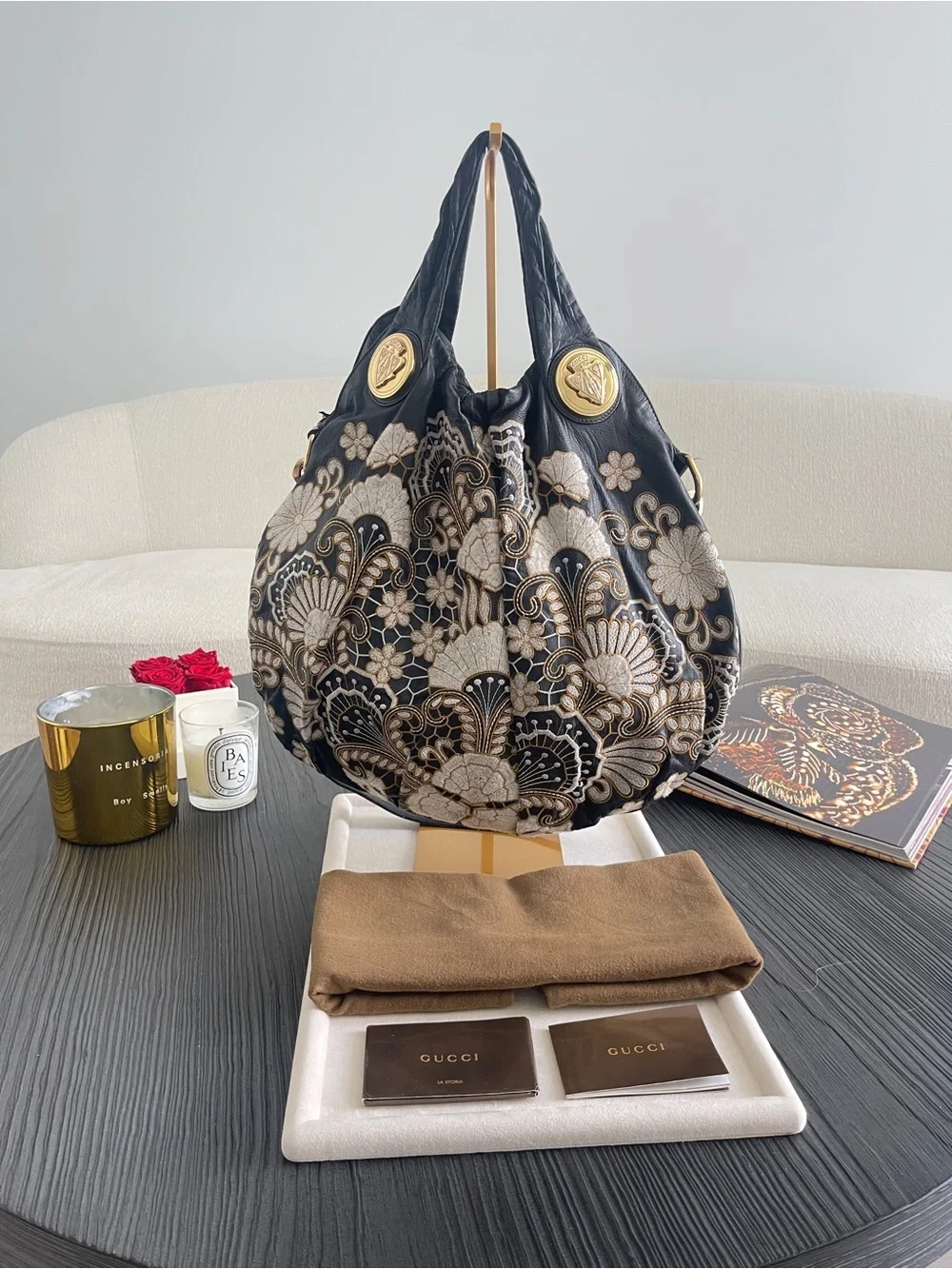 Gucci Hysteria Large Hobo Bag Black Leather Floral Embroidered Vintage $4500